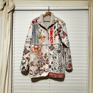 Johnny Was Women's Patchwork Floral Quilted Coat w/ Sherpa Collar - Cream Multi